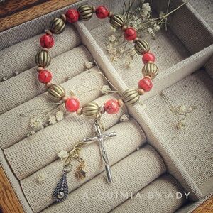 Red Turquoise Bracelet – 8 mm & 10 mm Beads with Bronze Accents, Big Cross & Cha